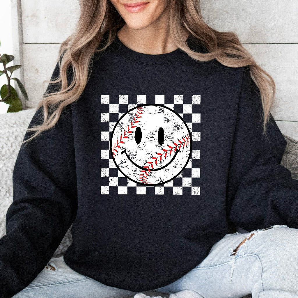 Baseball Smiley Face Sweatshirt, Baseball Game Day Crewneck for Women, Baseball Mom Gift