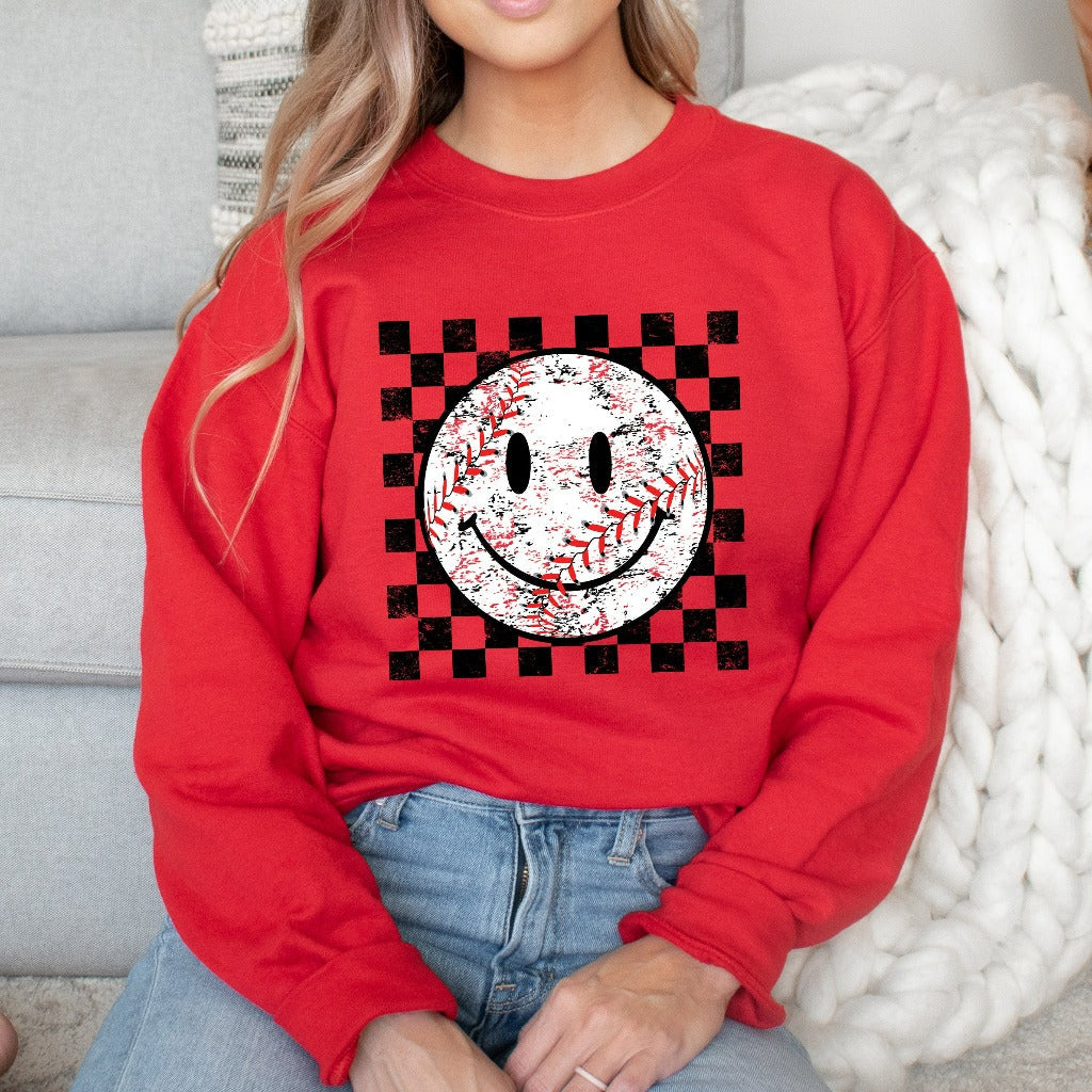 Baseball Smiley Face Sweatshirt, Baseball Game Day Crewneck for Women, Baseball Mom Gift
