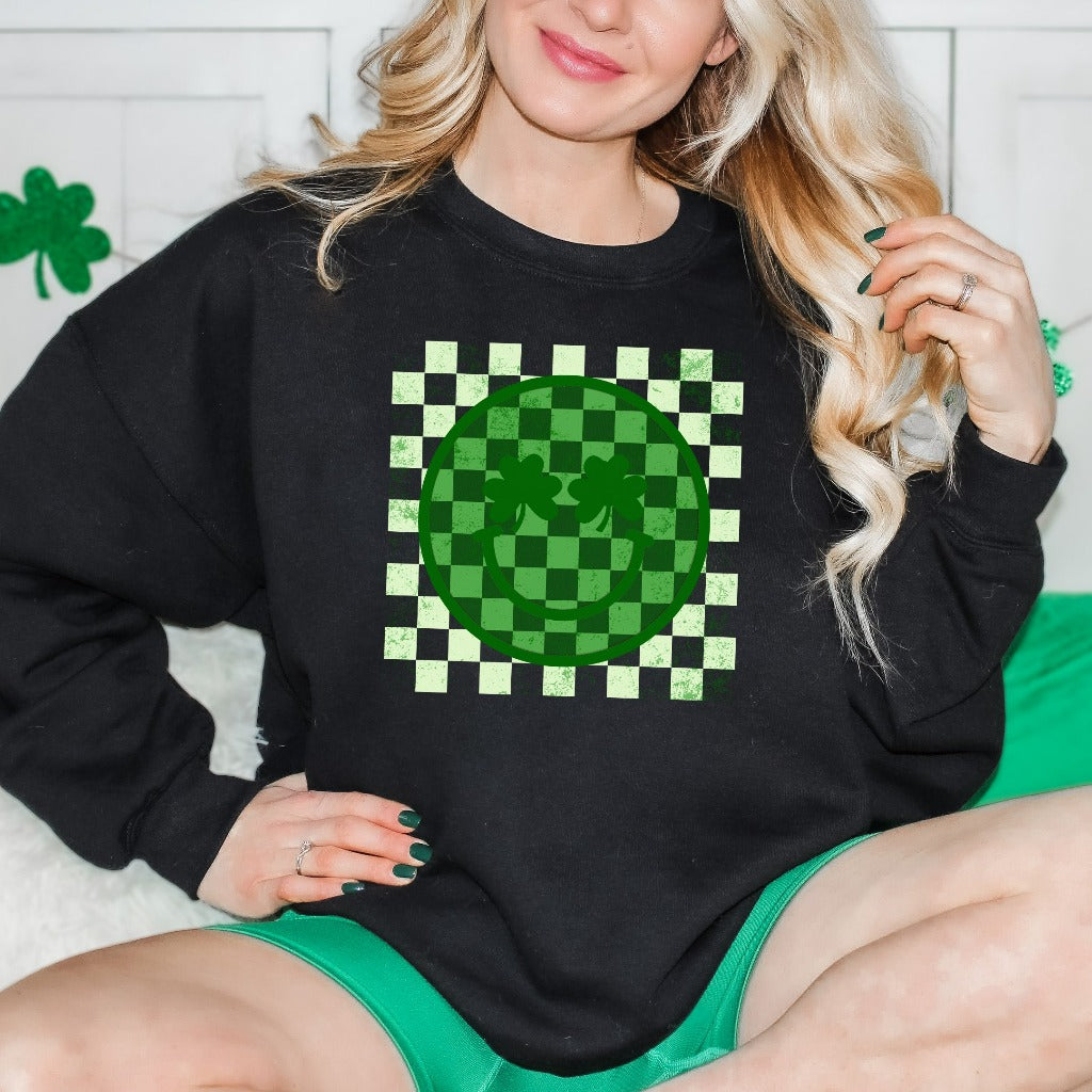 Checker Smiley Face St Patricks Sweatshirt, Distressed St Patricks Day Crewneck, Shamrock Smile Sweater