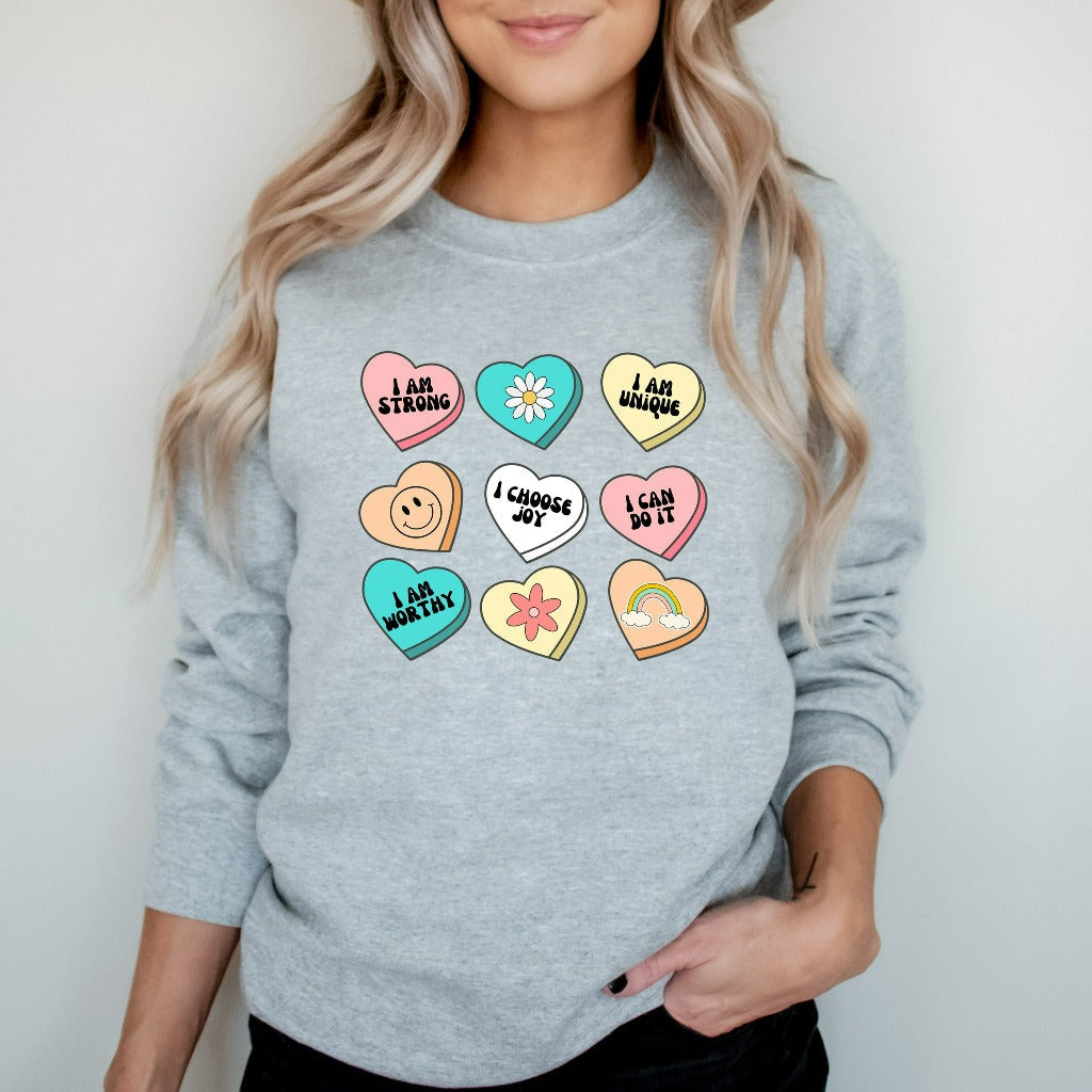 Positive Affirmations Teacher Sweatshirt, Candy Heart Crewneck, Valentines Day Sweater, Conversation Hearts Shirt