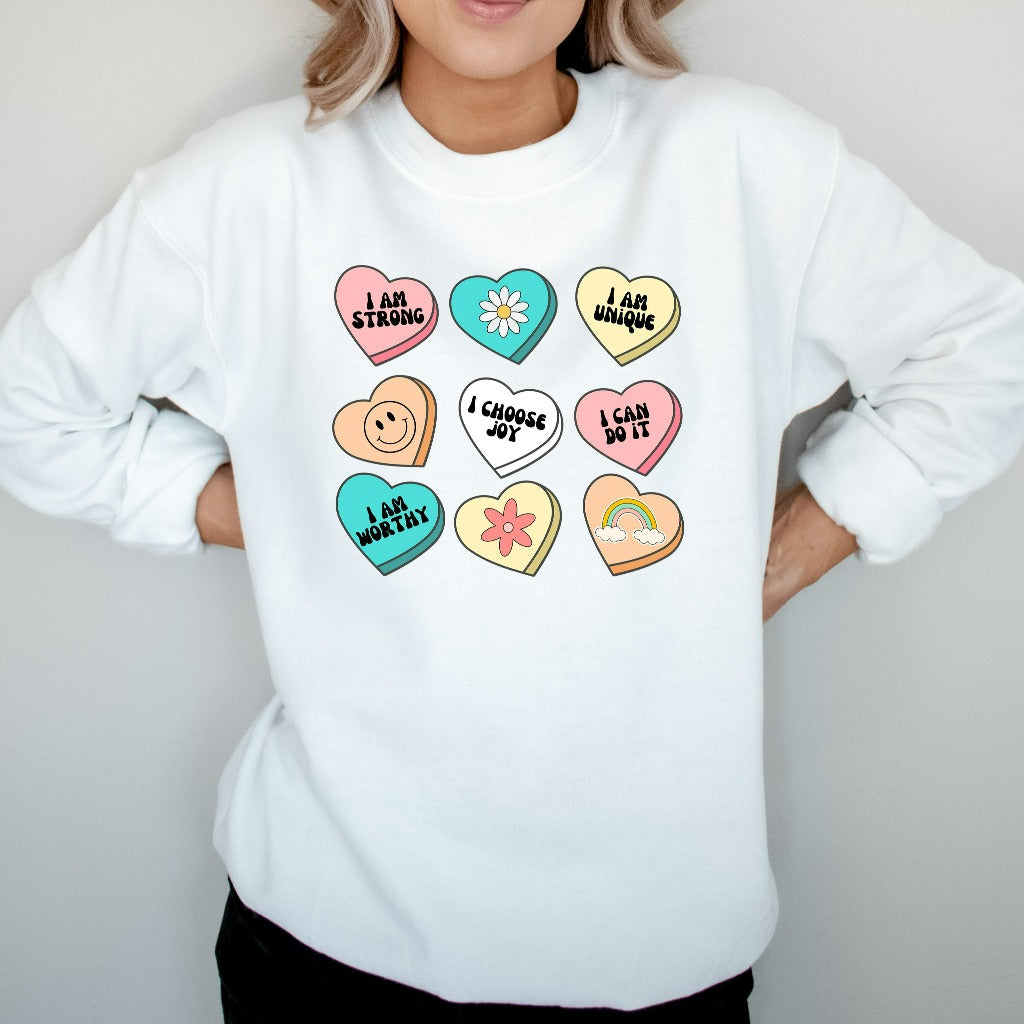 Positive Affirmations Teacher Sweatshirt, Candy Heart Crewneck, Valentines Day Sweater, Conversation Hearts Shirt