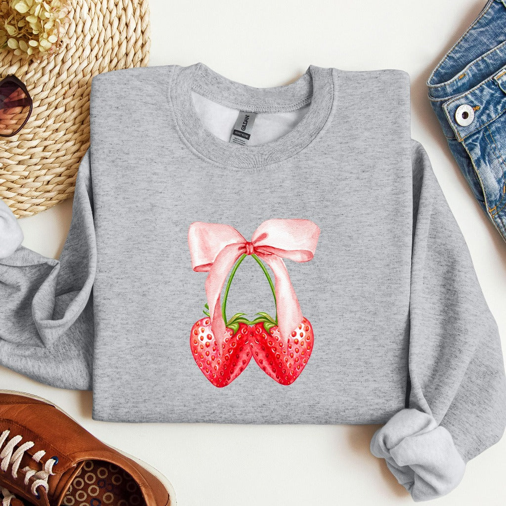 Pink Bow Coquette Strawberry Sweatshirt, Strawberry Crewneck, Girly Pink Sweater, Coquette Bow Aesthetic Shirt