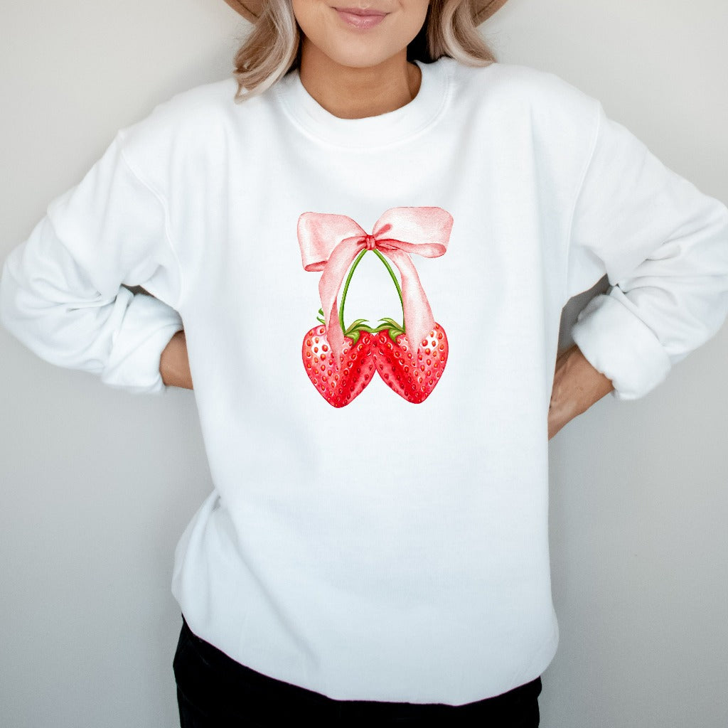 Pink Bow Coquette Strawberry Sweatshirt, Strawberry Crewneck, Girly Pink Sweater, Coquette Bow Aesthetic Shirt