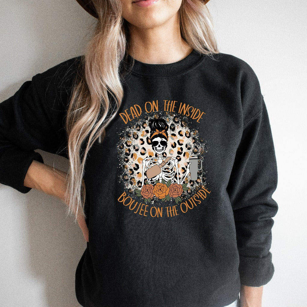 Dead Inside Boujee Outside Skeleton Coffee Sweatshirt, Funny Sarcastic Fall Coffee Crewneck, Coffee Lover Sweater