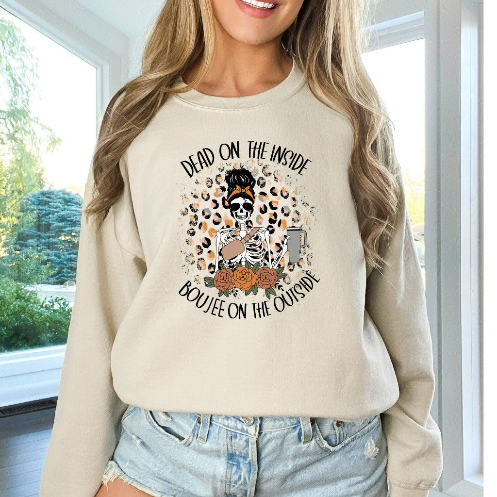 Dead Inside Boujee Outside Skeleton Coffee Sweatshirt, Funny Sarcastic Fall Coffee Crewneck, Coffee Lover Sweater