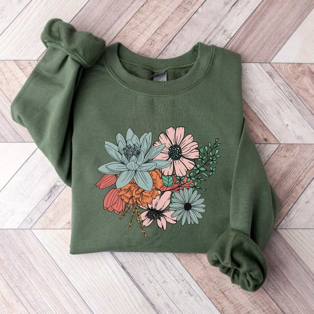 Floral Bouquet Crewneck Sweatshirt, Boho Flowers Sweater, Retro Floral Pullover, Vintage Botanical Wildflowers