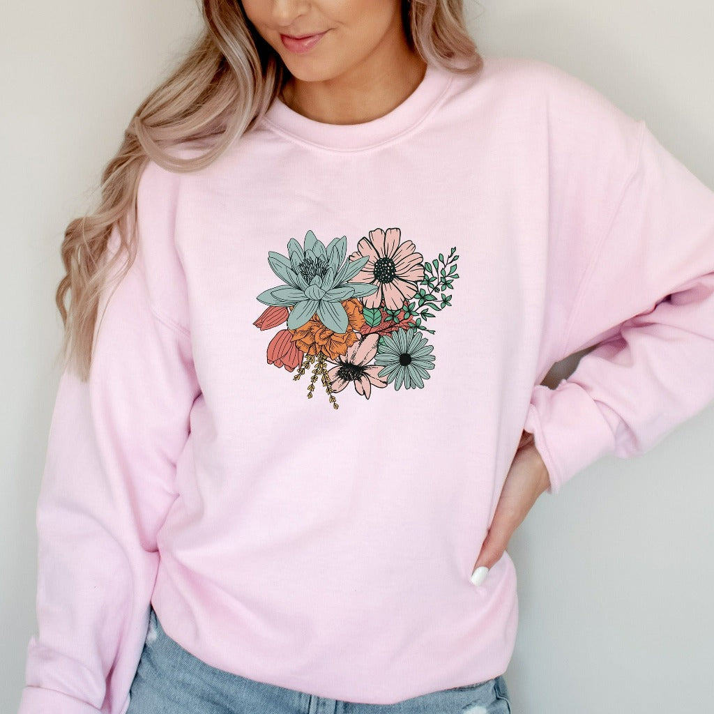 Floral Bouquet Crewneck Sweatshirt, Boho Flowers Sweater, Retro Floral Pullover, Vintage Botanical Wildflowers