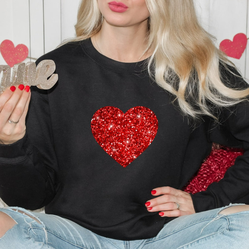 Valentine Faux Glitter Heart Sweatshirt, Womens Cute Valentine Crewneck, Sparkly Valentine Sweater, Valentine Gift for Her