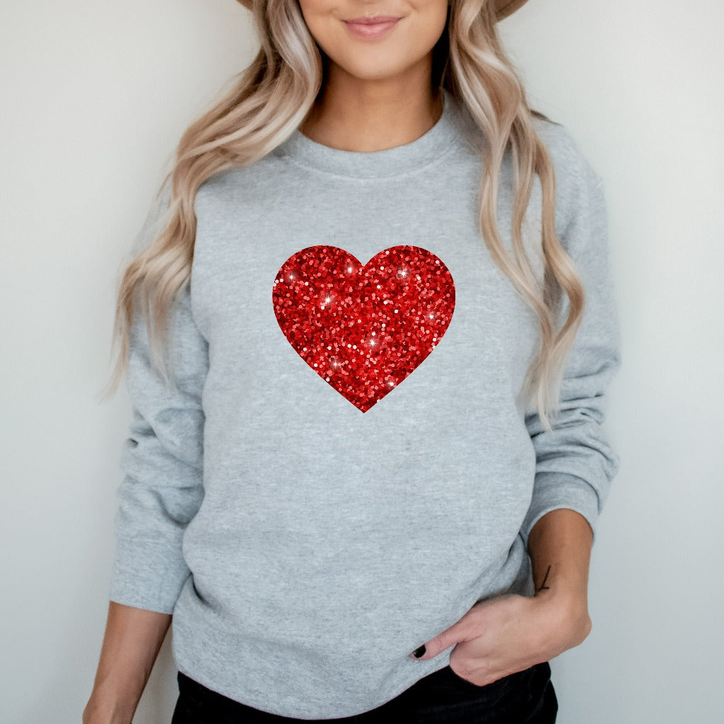 Valentine Faux Glitter Heart Sweatshirt, Womens Cute Valentine Crewneck, Sparkly Valentine Sweater, Valentine Gift for Her