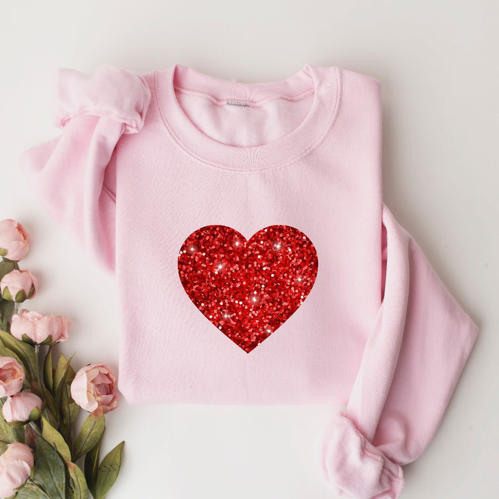 Valentine Faux Glitter Heart Sweatshirt, Womens Cute Valentine Crewneck, Sparkly Valentine Sweater, Valentine Gift for Her