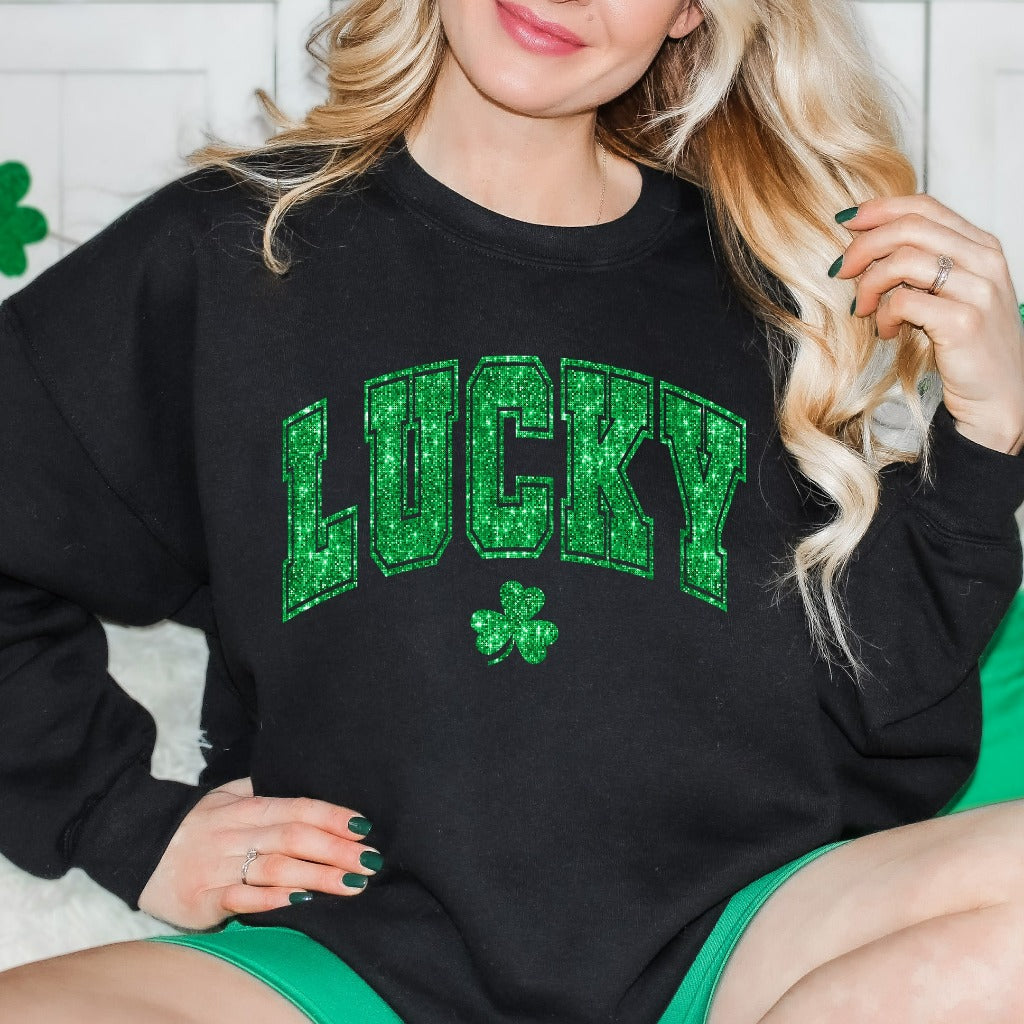 Faux Glitter Lucky Sweatshirt, Womens Cute St. Patricks Day Crewneck, Sparkly St Pattys Sweater