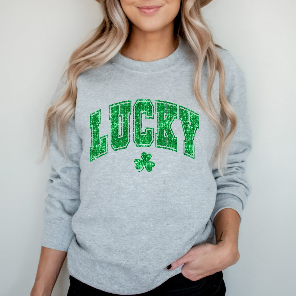 Faux Glitter Lucky Sweatshirt, Womens Cute St. Patricks Day Crewneck, Sparkly St Pattys Sweater