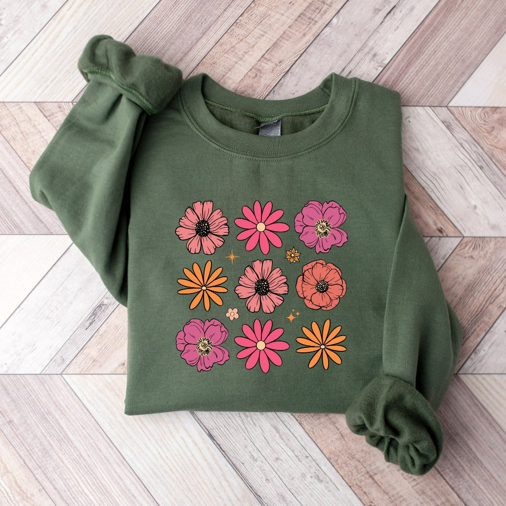 Flowers Sweatshirt, Boho Wildflowers Crewneck, Retro Floral Sweater, Vintage Botanical Flowers Gift
