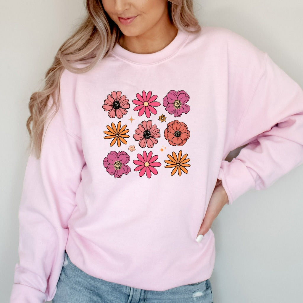 Flowers Sweatshirt, Boho Wildflowers Crewneck, Retro Floral Sweater, Vintage Botanical Flowers Gift