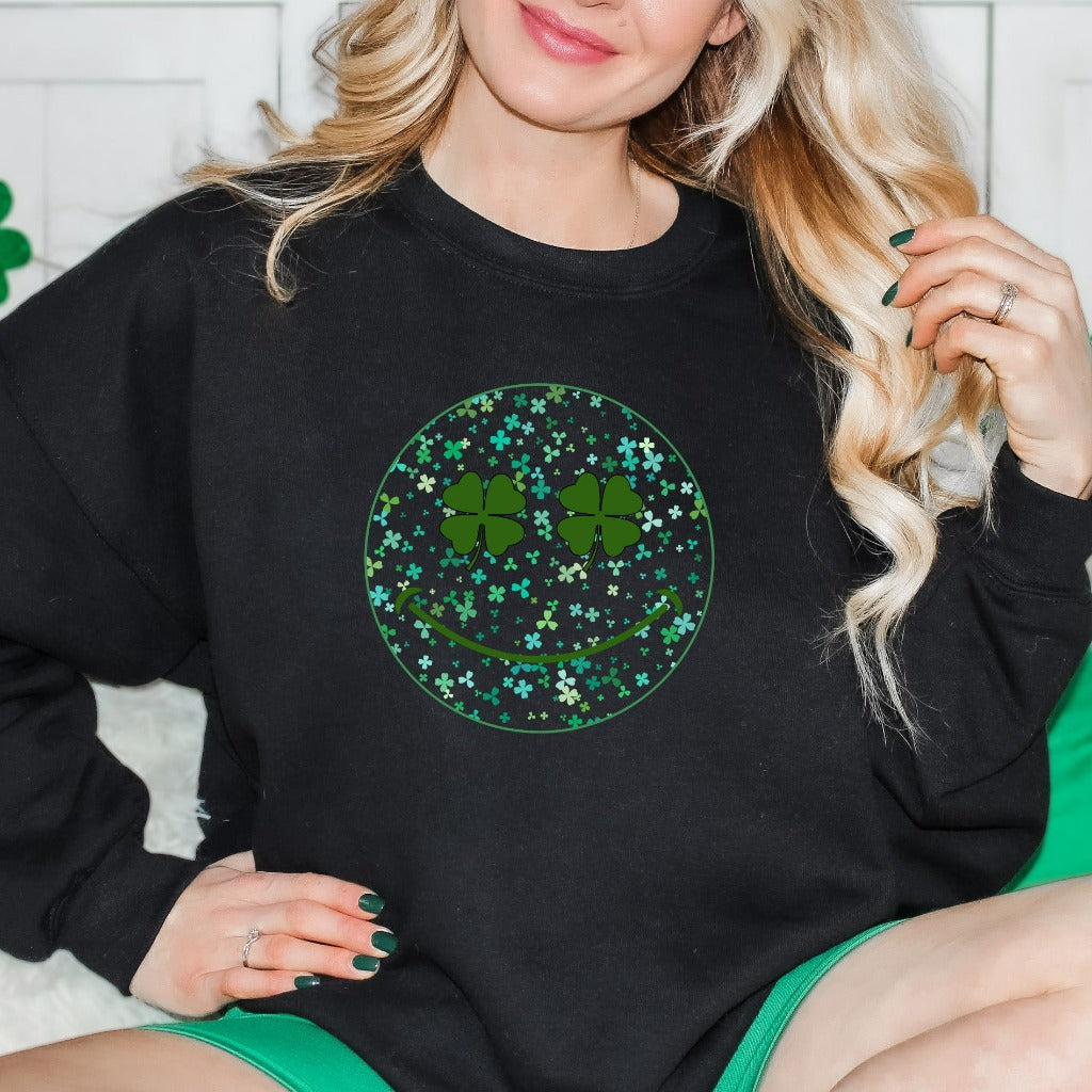 St Patrick's Day Sweatshirt, Cute Shamrock Smile Face Crewneck, St Paddy's Day Outfit, Saint Patricks Party