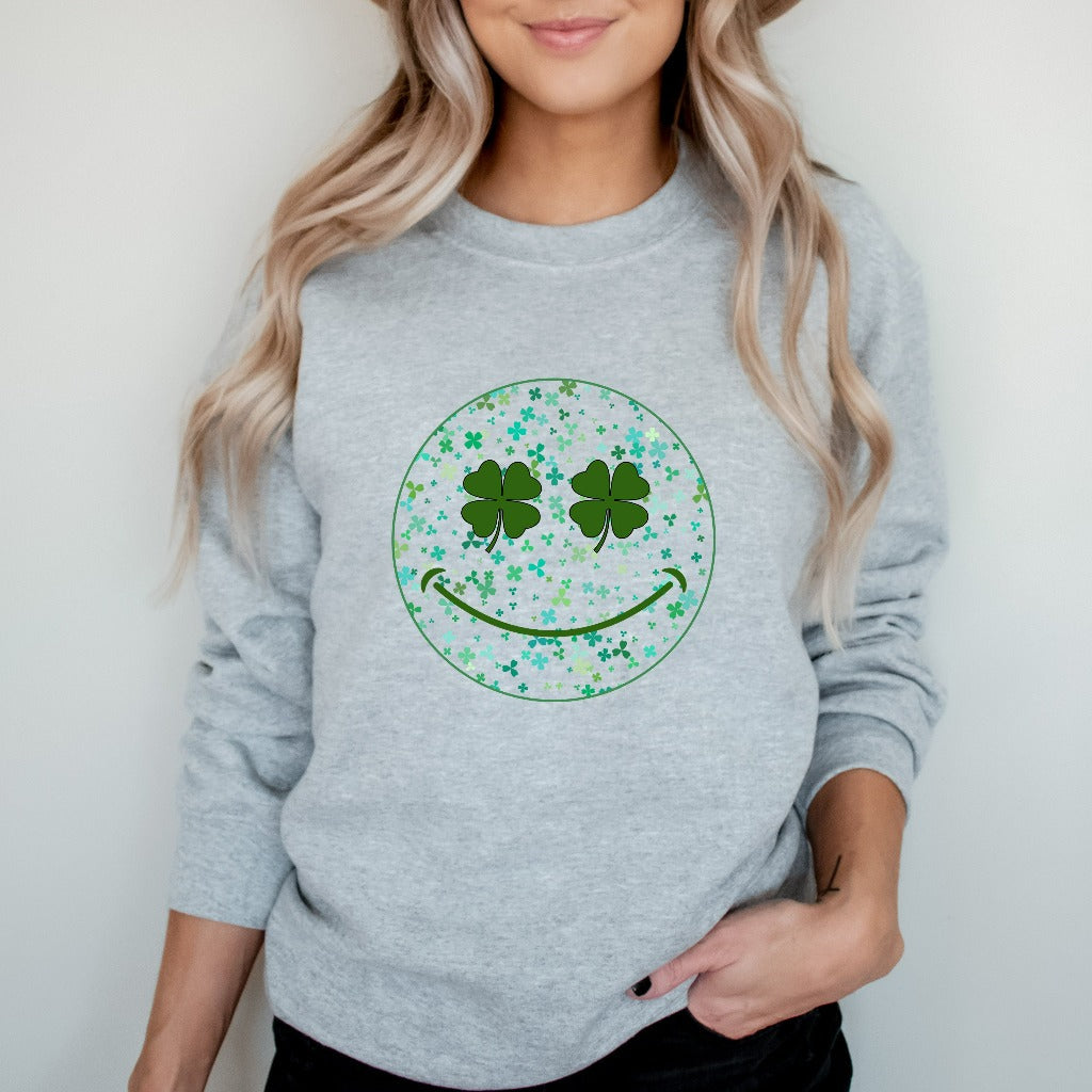 St Patrick's Day Sweatshirt, Cute Shamrock Smile Face Crewneck, St Paddy's Day Outfit, Saint Patricks Party