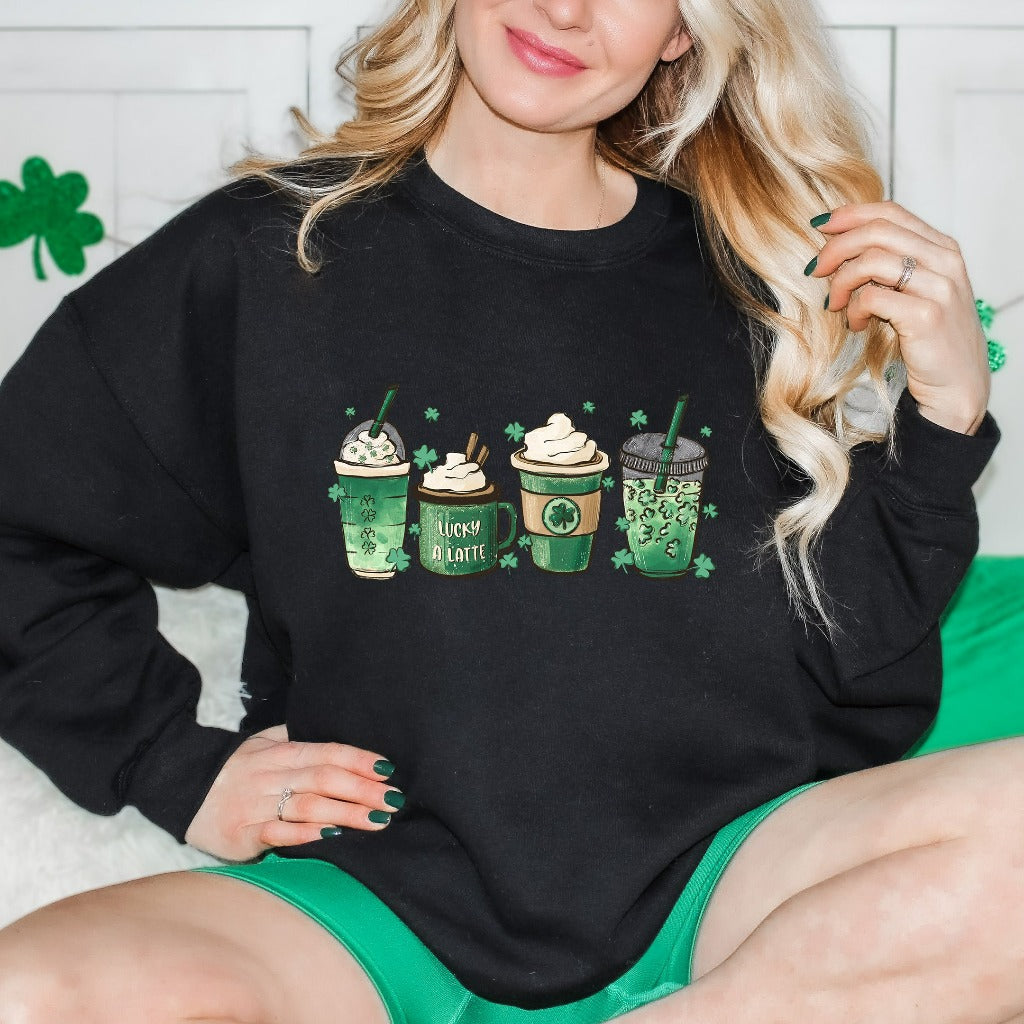 St Patrick's Day Coffee Sweatshirt, Shamrock Latte Crewneck, St Paddy's Day Outfit, Festive Green Coffee Lovers Gift