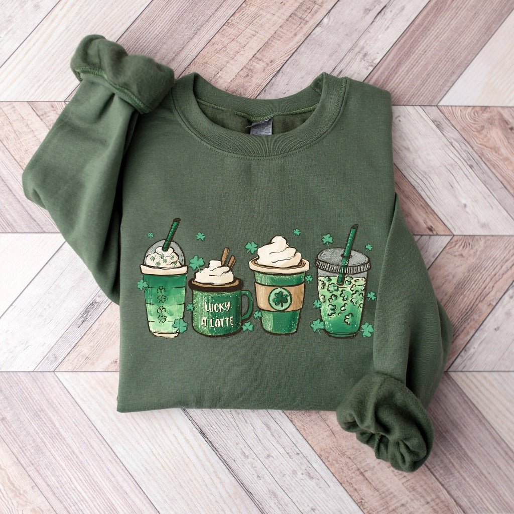 St Patrick's Day Coffee Sweatshirt, Shamrock Latte Crewneck, St Paddy's Day Outfit, Festive Green Coffee Lovers Gift