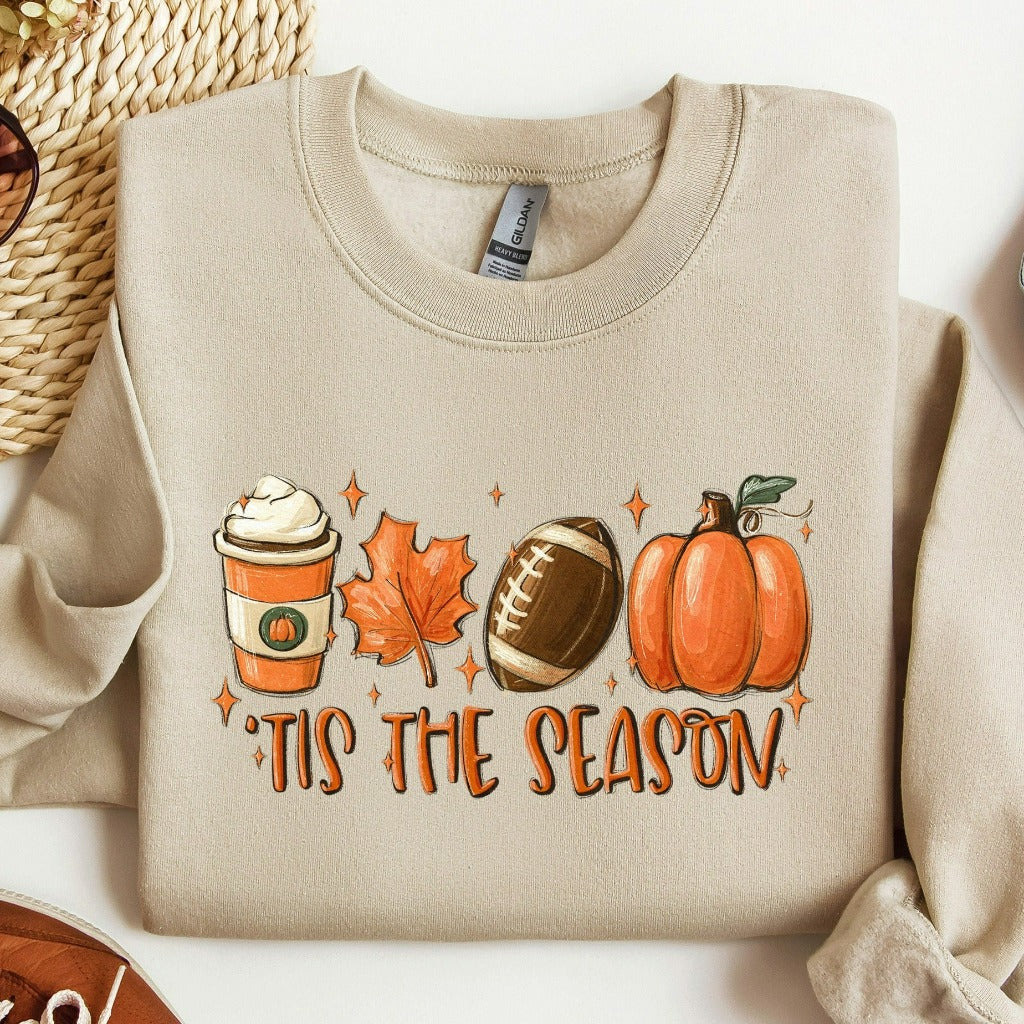 Football Sweatshirt, Tis the Season Autumn Themed Crewneck, Pumpkin Spice Fall Leaves Sweater