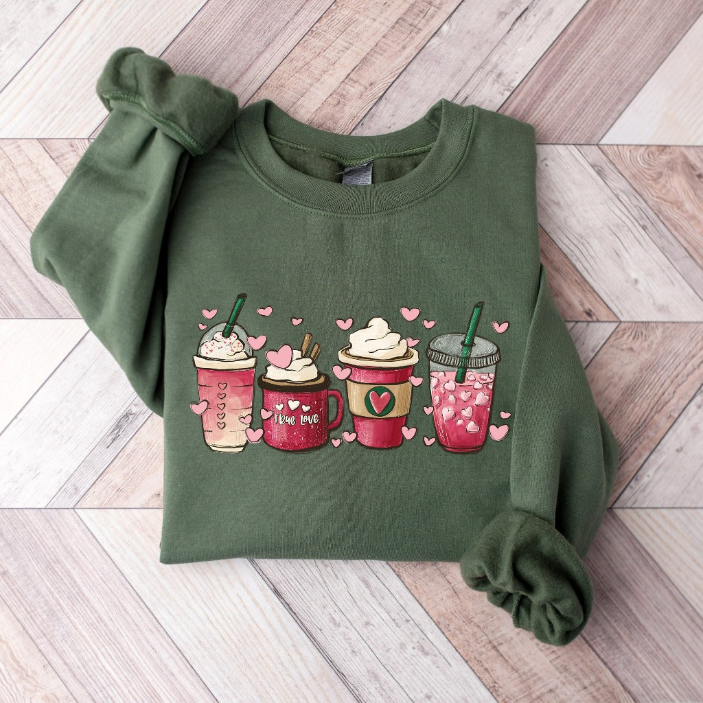 Valentine Coffee Heart Sweatshirt, Womens Cute Valentine Crewneck, Cozy Love Women Valentine Sweater