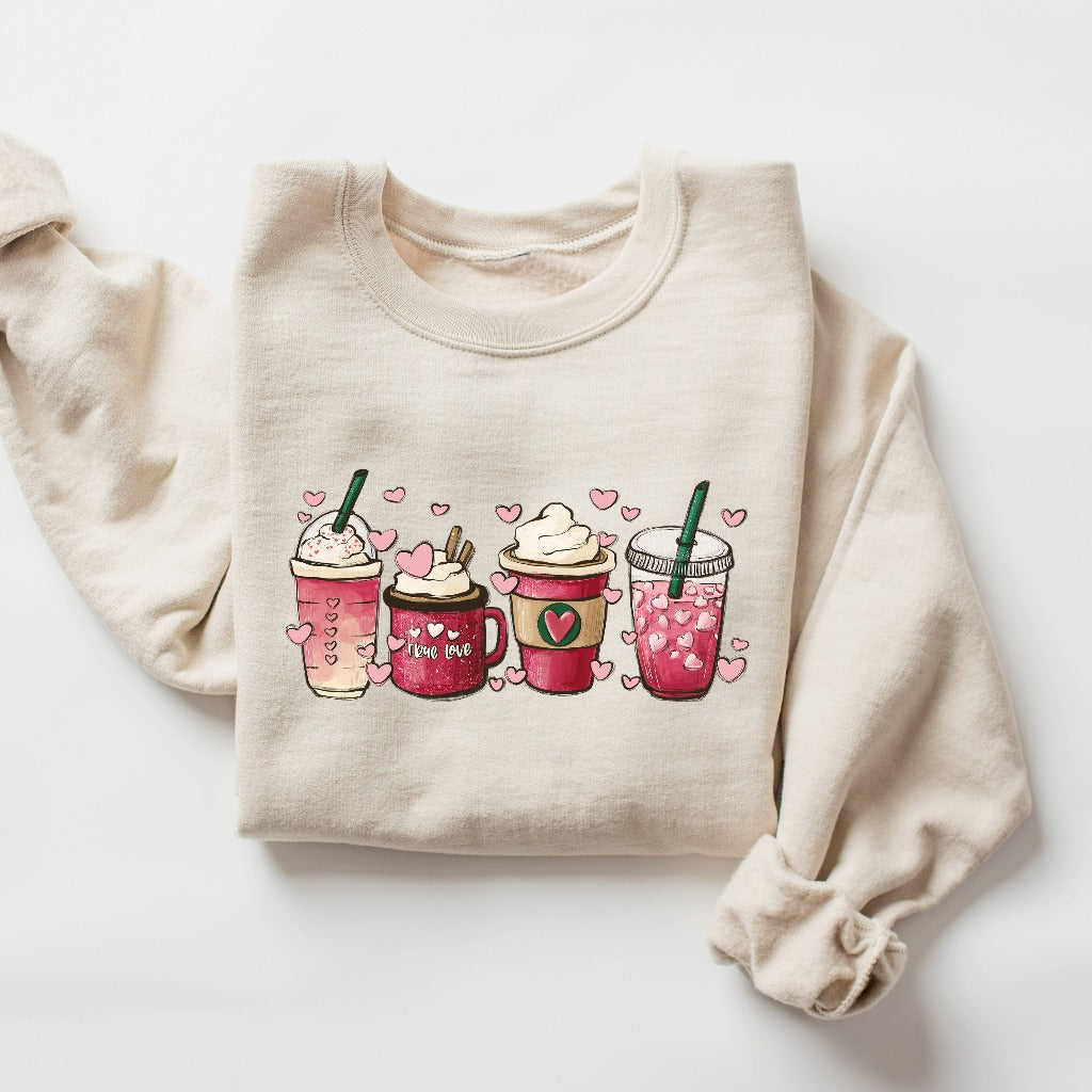 Valentine Coffee Heart Sweatshirt, Womens Cute Valentine Crewneck, Cozy Love Women Valentine Sweater