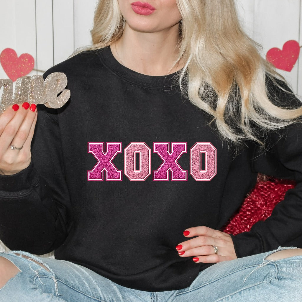 XOXO Valentine's Day Sweatshirt, Faux Chenille Patch Hugs and Kisses Crewneck, Fun Valentine Sweater, Gift for Her for Wife