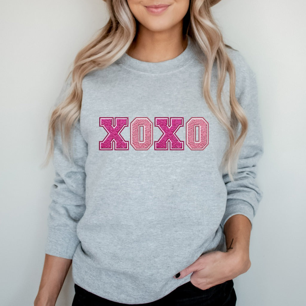 XOXO Valentine's Day Sweatshirt, Faux Chenille Patch Hugs and Kisses Crewneck, Fun Valentine Sweater, Gift for Her for Wife