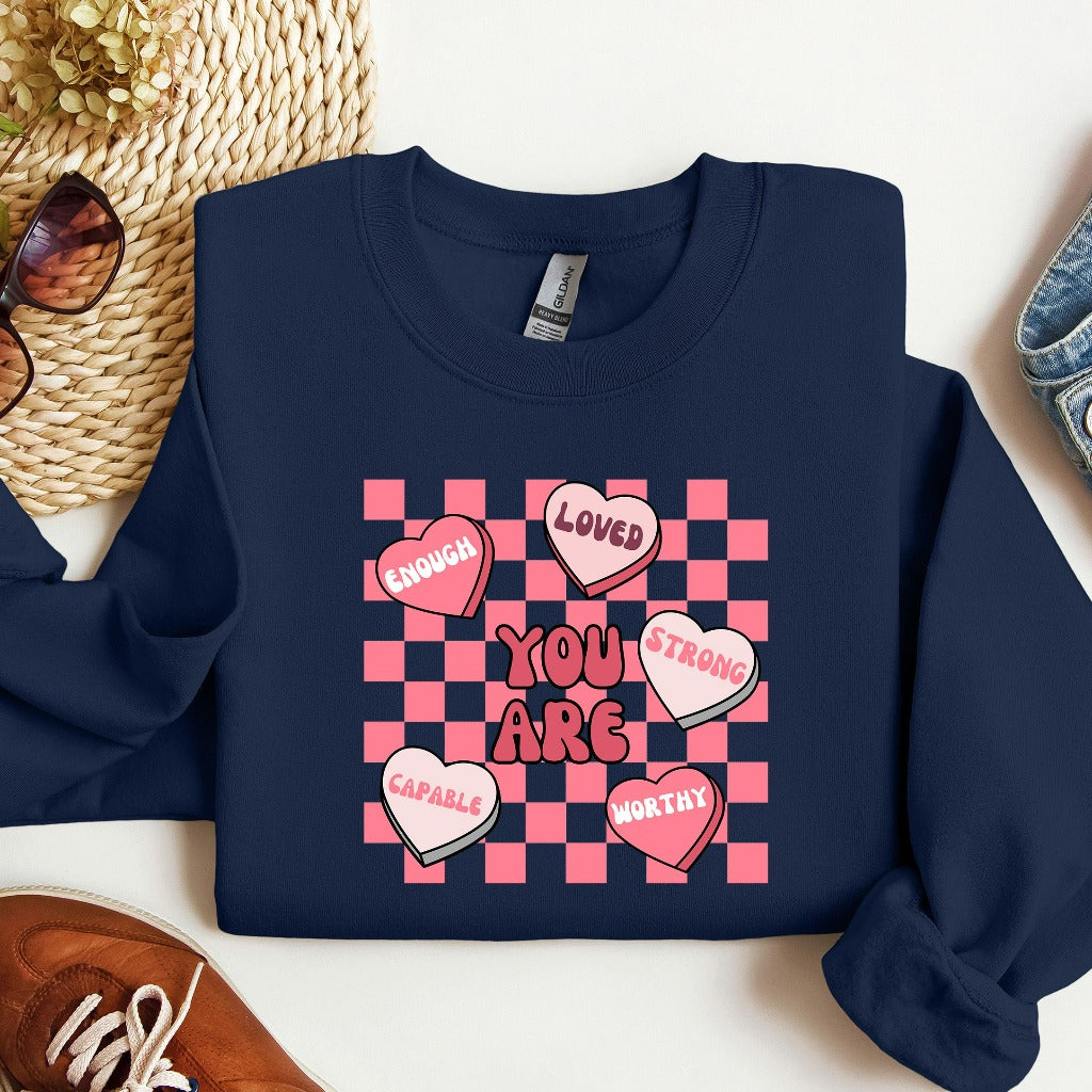 Cute Teacher Valentine Sweatshirt, Retro Heart Crewneck, Women's Valentines Day Sweater, Positive Affirmations