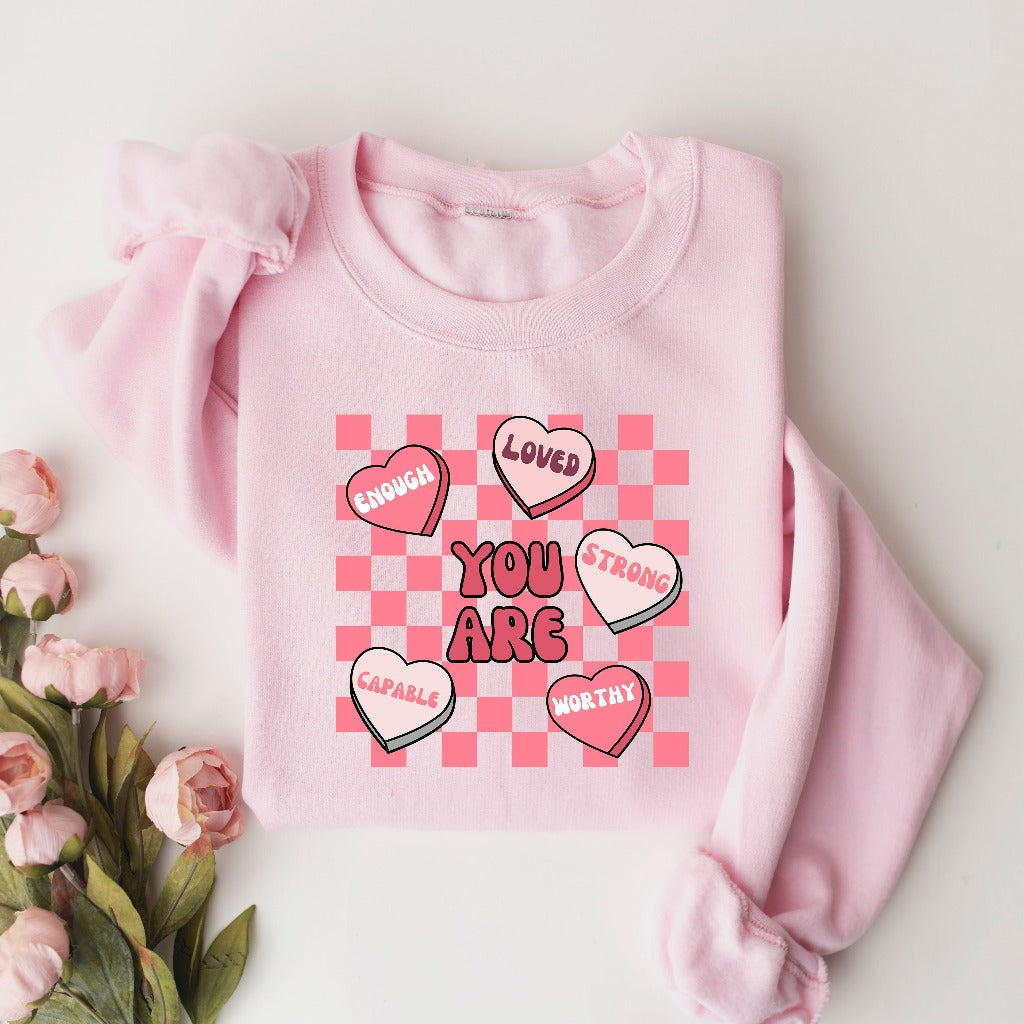Cute Teacher Valentine Sweatshirt, Retro Heart Crewneck, Women's Valentines Day Sweater, Positive Affirmations