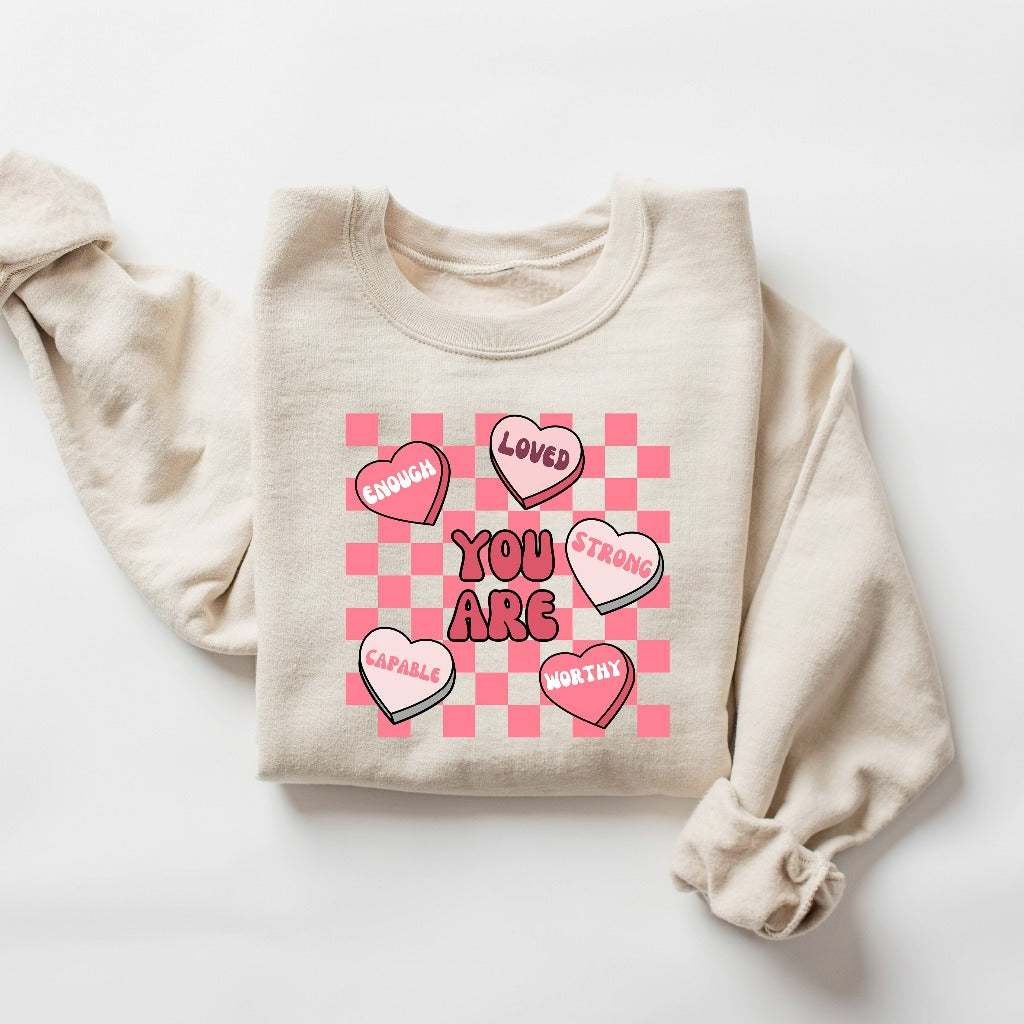 Cute Teacher Valentine Sweatshirt, Retro Heart Crewneck, Women's Valentines Day Sweater, Positive Affirmations